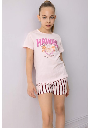 DeFacto Kız Çocuk Pijama Takımı Baskılı Kısa Kollu Tişört Çizgili Şort E6558A825SMPN343 Pembe