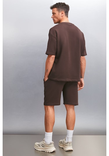 Colombıa Erkek 2'li Set Comfort Fit Rahat Kalıp Yazı Nakışlı Şardonsuz Kahverengi Eşofman Takımı