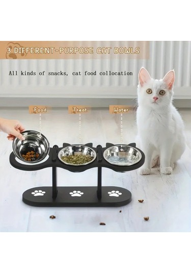 Dream011 Siyah 3 Seviyeli Kedi Maması Kabı Ahşap Paslanmaz Çelik Ayarlanabilir Taşınabilir