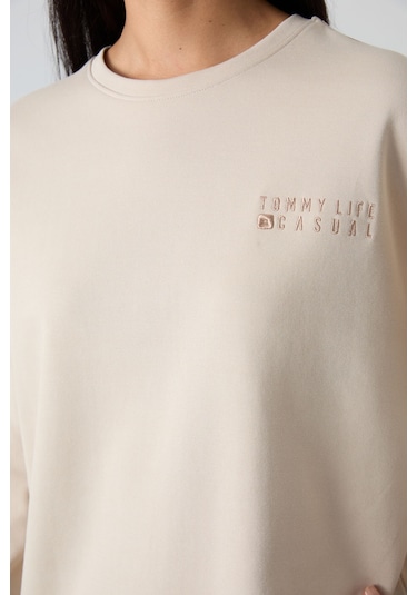 Tommy Life Bej Basic Pamuklu O Yaka Oversize Lastik Paça Kadın Eşofman Takım - 95287 Bej