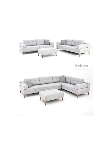 Zeri Yataklı Puzzle Modüler Köşe Koltuk Takımı & Puflu Köşe Takımı - Açık Gri - 102 Açık Gri