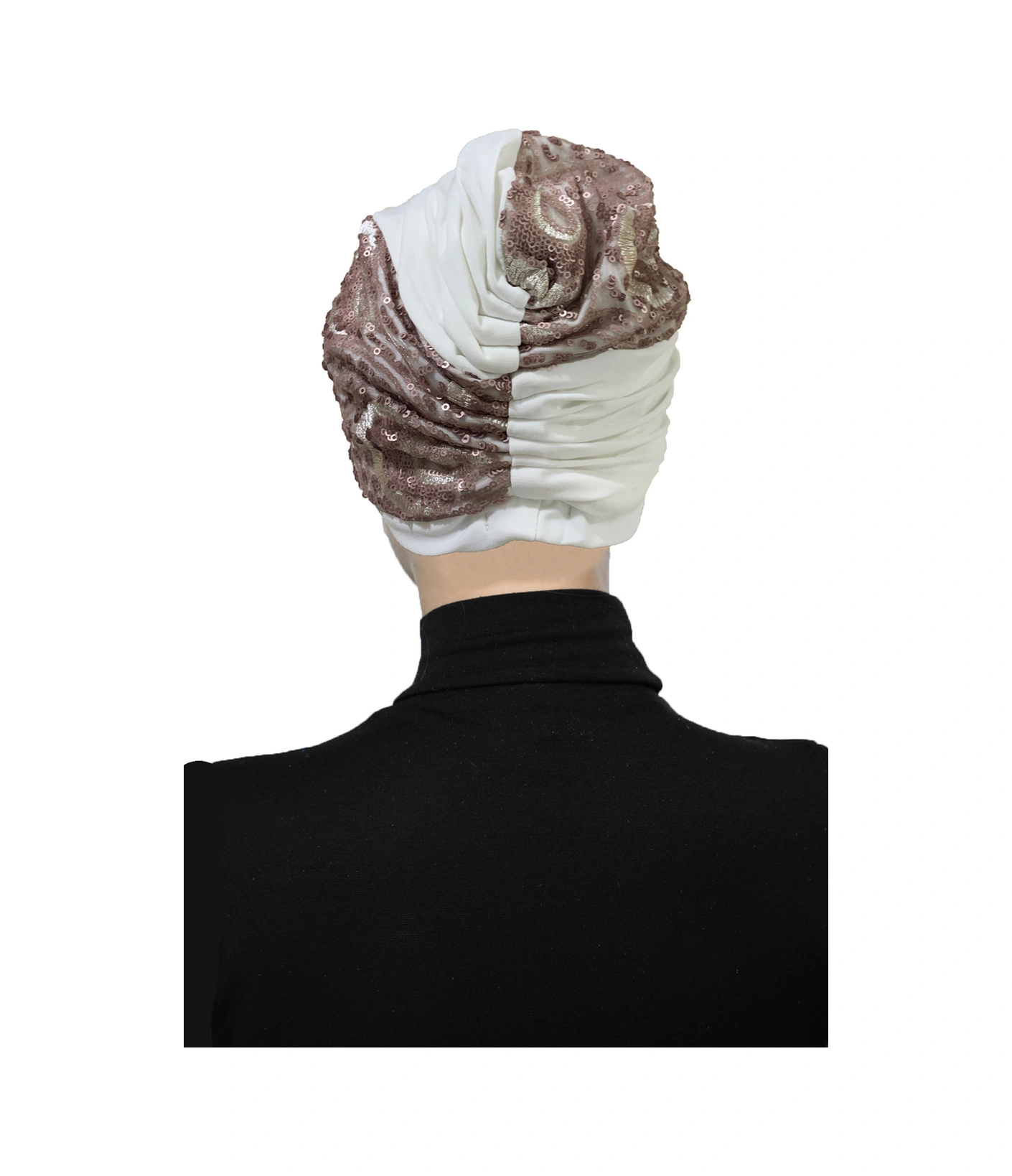 Özel Tasarım Ekru Üzeri Pudra Desenli Payetli Astarlı Hazır Türban Tesettür Abiye Bone Ekru2