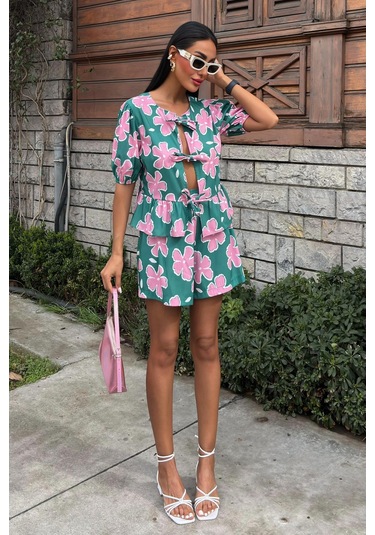 Kadın Multi Çiçek Desenli Poplin Kısa Takım Çok Renkli