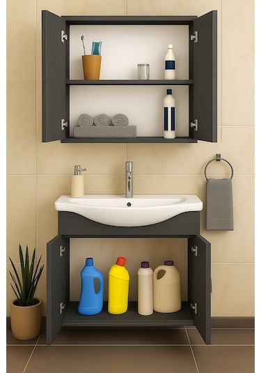 Nova 80 Cm Antrasit Mdf, Oval Seramik Lavabo, Banyo Dolabı Takımı Antrasit