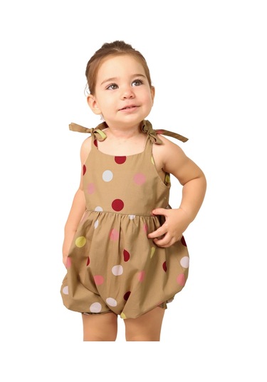 100% Pamuk Puantiyeli Askılı Yazlık Kız Bebek Tulum Kahverengi