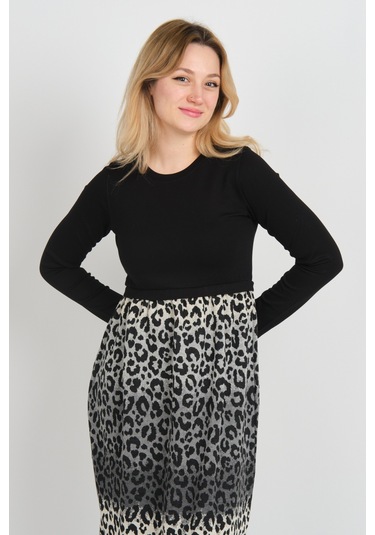 Sistas Kadın Leopar Desenli Yanları Yırtmaçlı Bisiklet Yaka Elbise 24922 Gri-bej Gri-bej