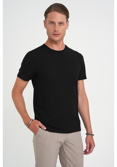 Comfort Fit Bisiklet Yaka Fitilli Kısa Kol Siyah Tişört Ts 912 Siyah