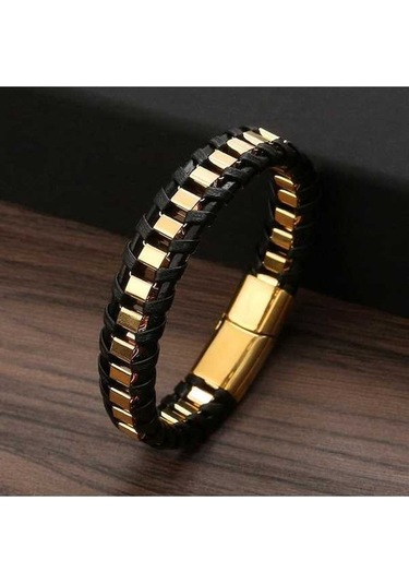 Novahub Altın Erkekler İçin Hakiki Deri Zincir Bileklik Kaplama Takı Paslanmaz Çelik Toka Altın 21.5cm Kişiselleştirilmiş Altın