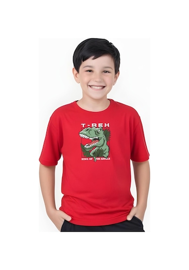 T-rex Baskılı Erkek Çocuk Kısa Kollu Tişört Kırmızı
