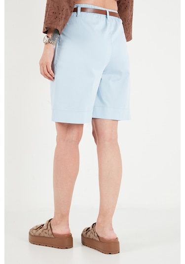 Lela Pamuklu Loose Fit Pileli Kemerli Bermuda Şort Bayan Şort 668yp5439 Mavi