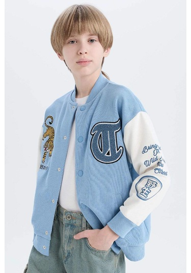 Defacto Erkek Çocuk Baskılı Kolej Yaka Bomber Hırka D9832a825spbe316 Mavi