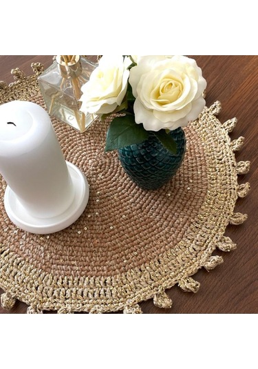 Uretti - Hacer 8870 El Yapımı Payetli Bej Renk Pamuk İp Dekoratif Supla - 39 X 39 Cm Bej - Kahverengi