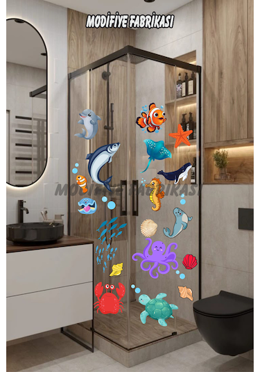 Sevimli Deniz Canlıları Temalı Banyo Duvar Stickerı Mavi