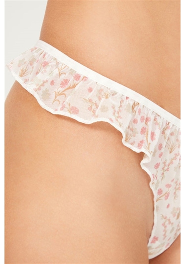 Çiçek Desenli Tül Kenarları Fırfırlı Tanga 4'lü Paket Külot Renkli-1 Çok Renkli