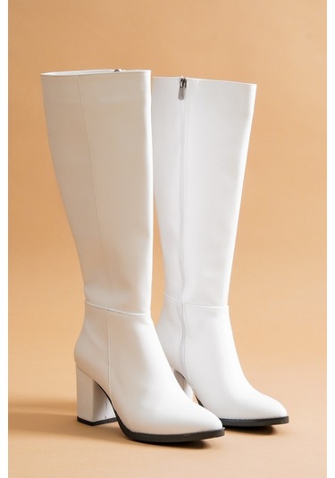 Kleo Beyaz Deri Topuklu 7cm Yanı Fermuarlı Günlük Kullanım Çizme Beyaz