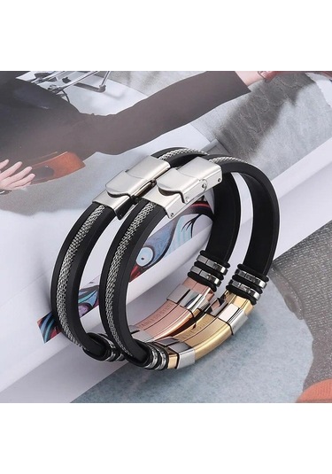 Siyah Moda Paslanmaz Çelik Bilezikler Bilek Bandı Siyah Silikon Punk Bileklik Rahat Bilezik Siyah