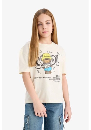 Defacto Kız Çocuk Relax Fit Bisiklet Yaka Baskılı Kısa Kollu Tişört E0353a825smer235 Ekru