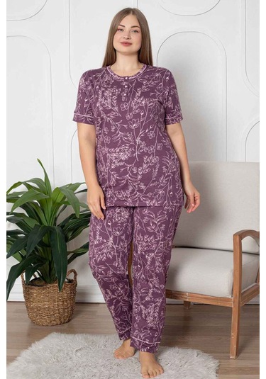 Alimer Kadın Mürdüm Bisiklet Yaka Büyük Beden Pijama Takm 2766b-m Mürdüm