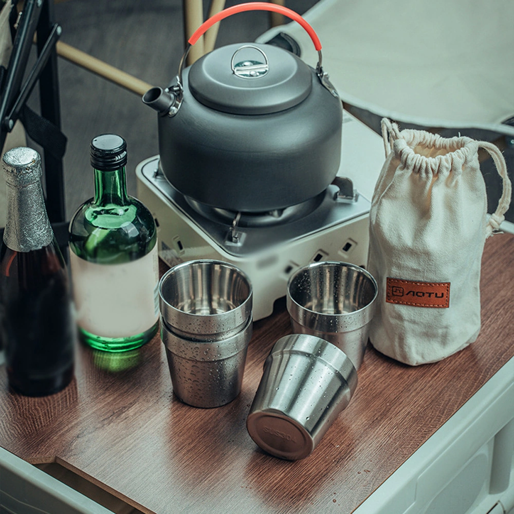 Dofolink Dışarıda Kullanım 304 Paslanmaz Çelik 4'lü Bardak Seti, Taşınabilir Isıya Dayanıklı Kamp Çay Bardağı, Depolama Çantasıyla Gümüş