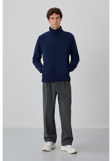 Tommy Life İndigo Yazı Nakışlı Dik Yaka Fermuarlı Standart Kalıp Erkek Sweatshirt Polar - 87992 Indıgo