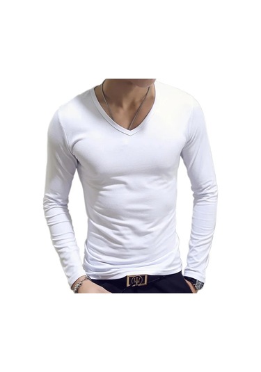 Snapbuy 2023 Erkek Uzun Kollu V Yaka Gevşek Fit T-shirt Sonbahar Giyimgreen Green