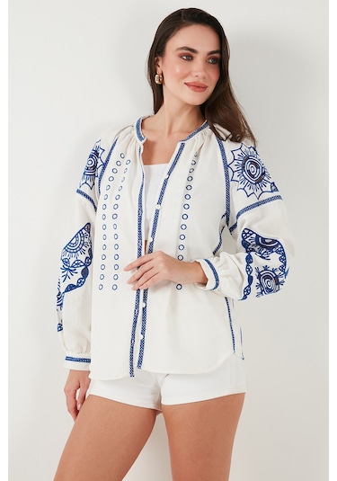 Lela Nakışlı Oversize Fit Pamuklu V Yaka Bayan Gömlek 676242 Ekru