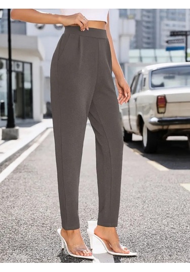 Reka Moda Kadın Yüksek Bel Cepli Rahat Kesim Ithal Krep Pantolon Gri