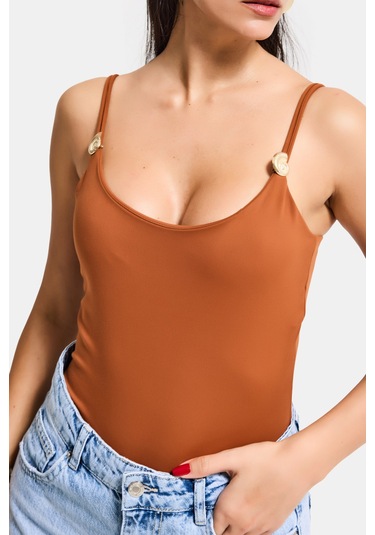Kadın Camel S6-55 Askılı Aksesuar Detaylı Çıtçıtlı Body Kiremit