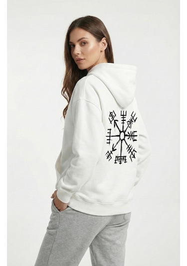 Nevermind Unisex Vegvisir Pusula Baskılı Sevgili Kombini Oversize Hoodie Seti Beyaz