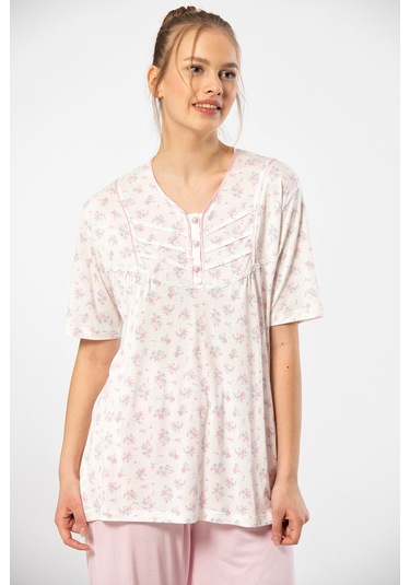 Türen 3369 Kadın Büyük Beden Kısa Kollu Pijama Takım-pembe Pembe