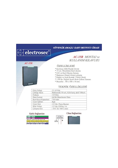 Electrosec Ac-35r Rfid Bağımsız Kart Okuyucu