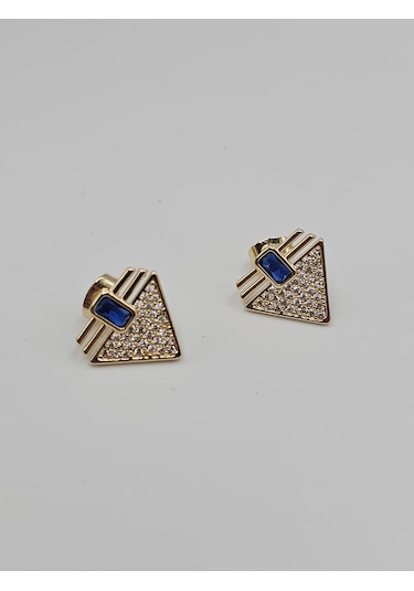 Lacivert Taşlı Üçgen Vira Çelik Küpe Altın