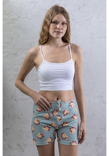 Giysa Kadın Beli Lastikli Desenli Şort Pijama Altı Soluk Mavi - 2027 Açık Mavi