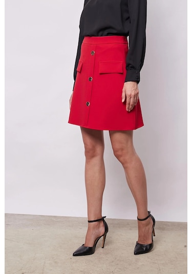 Kadın Diz Üstü Yüksek Bel Önü Düğmeli Cep Kapaklı Hafif Likralı Kumaş Çan Etek-kırmızı Kırmızı