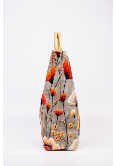 Fabric Craft Bag El Çantası Duck Kumaş Bambu Saplı Desenli Çok renkli