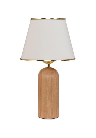 Silos Masif Ahşap Ayaklı Gold Detaylı Krem Kumaş Şapkalı Dekoratif Abajur Krem - Gold