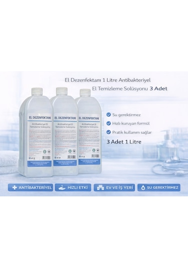 El Dezenfektanı 1 Litre Antibakteriyel El Temizleme Solüsyonu 3 Adet