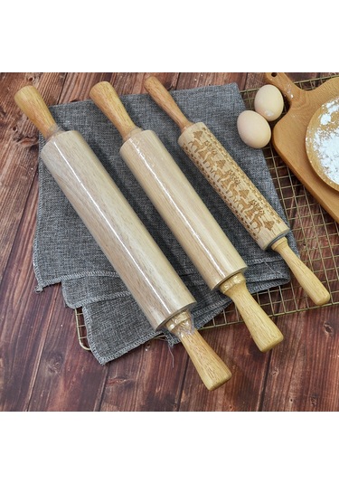 Yifomall Büyük Boy Noel Geyik Desenli Ahşap Un Çizgici 43cm X 4cm - Hamur Yoğurma, Manti, Makaron İçin Kauçuk Ağacı Hamur Sürgüsü