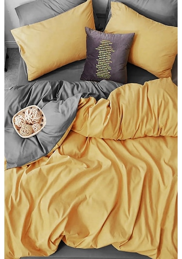 More Home Lastikli Çarşaf Çift Kişilik Nevresim Takımı Sarı-Antrasit