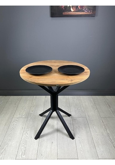 Nisa Ceviz Yuvarlak Mutfak Masası Yemek Masası Balkon Masası Metal Siyah Ayak 70 Cm
