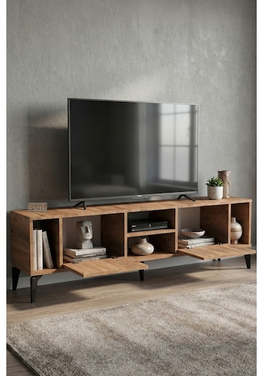 Tv Sehpası 160 Cm Modern Çok Amaçlı Dolaplı Raflı Televizyon Ünitesi Linya Atlantik Çam