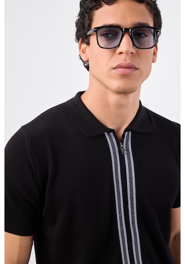Siyah Polo Fermuar Yaka Düz Kısa Kollu Slim Fit Erkek Triko Siyah