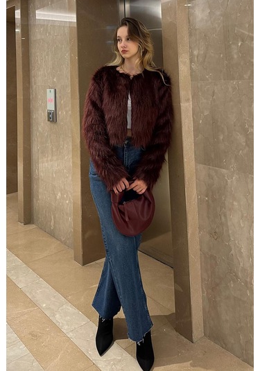 Madmext Bordo Bisiklet Yaka Kadın Suni Kürk Mont Mg2176 Bordo