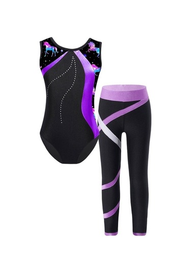 Novahub Çocuk Kız Kolsuz Baskılı Patchwork Leotard, Jimnastik Spor Performansı İçin Renkli Blok Taytlı Mor - 9 - 10 Yaş Mor