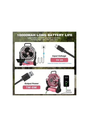 Motion003 Roykaw 10000mah Sarj Edilebilir Kamp Fanli Telefon Sarjli Led Aydinlatmali Cadir Fan Pembe