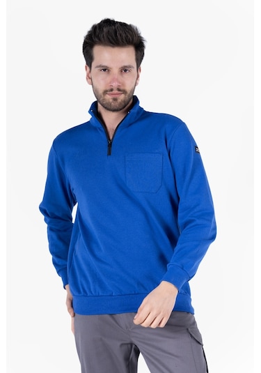 2 İplik Dik Yakalı Fermuarlı Sweatshirt Saks Mavi