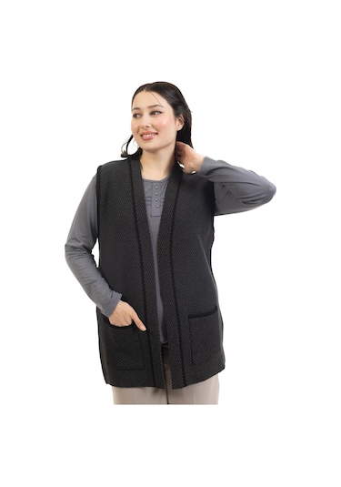 Kadın Orta Yaş Ve Üzeri Triko Örgü Minik Baklava Desen Düğmesiz Anne Yelek 332-siyah Çok Renkli