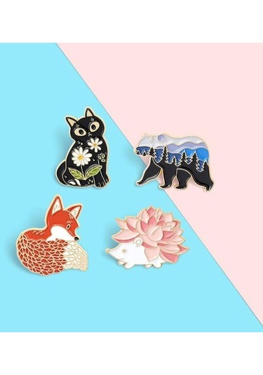 Siyah Emaye Pin Sevimli Ayı Kedi Tilki Şekli Kirpi Broş Seyahat İçin Siyah