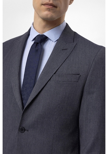 Lacivert Slim Fit Armürlü Sivri Yaka 6 Drop Klasik Takım Elbise-35496 Lacivert