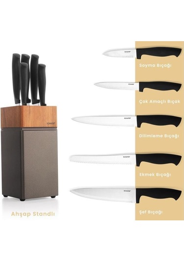Schafer Solide Standlı 6 Parça Bıçak Seti Ahşap Takozlu Gri